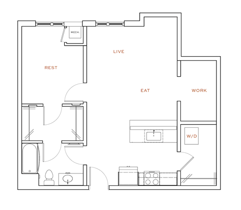 Floor plan for 1 bed, 1 bath, 808 sqft